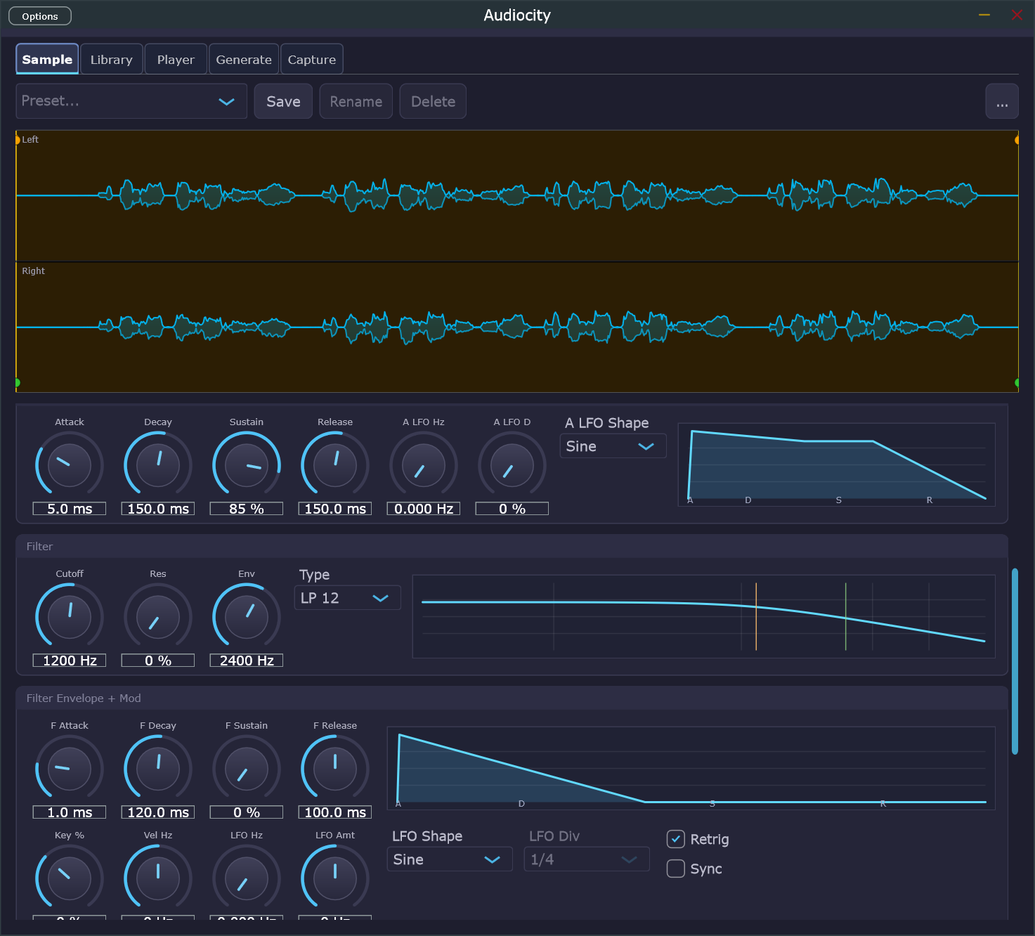 Audiocity envelope and filter sections
